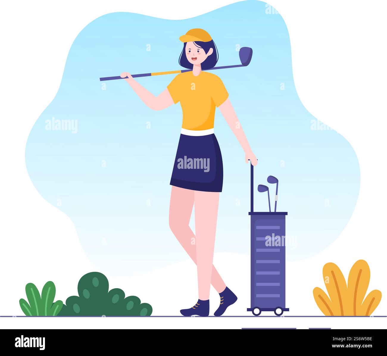 Jouer au sport de golf avec des drapeaux, du sable, du sable et de l'équipement sur l'extérieur Yard Green plantes dans un dessin-fond plat Illustration de Vecteur