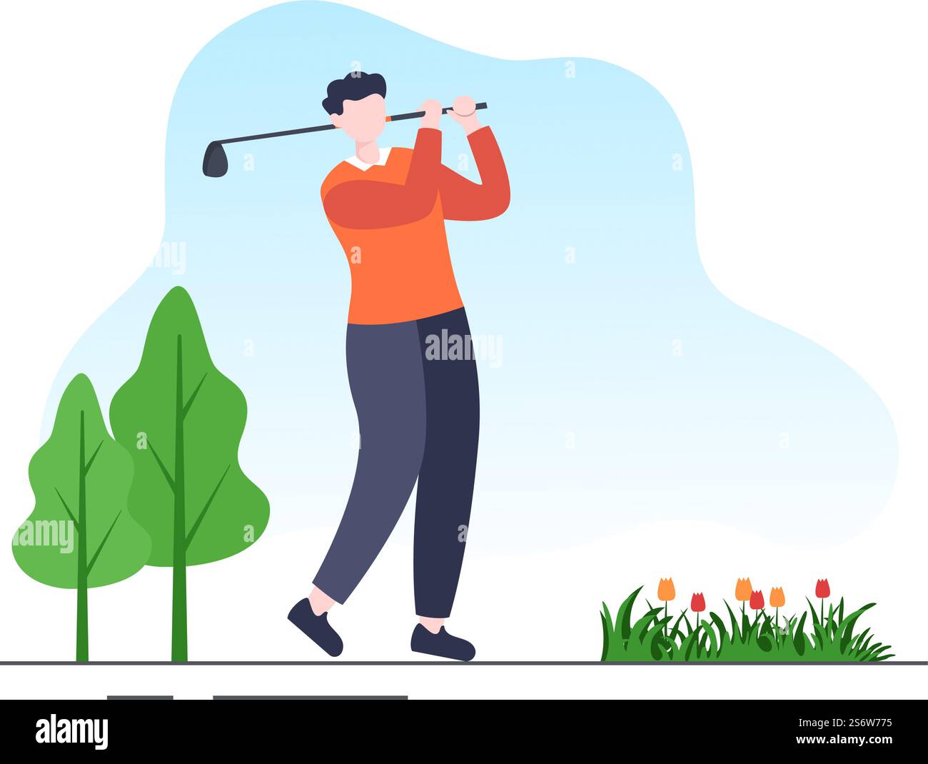 Jouer au sport de golf avec des drapeaux, du sable, du sable et de l'équipement sur l'extérieur Yard Green plantes dans un dessin-fond plat Illustration de Vecteur