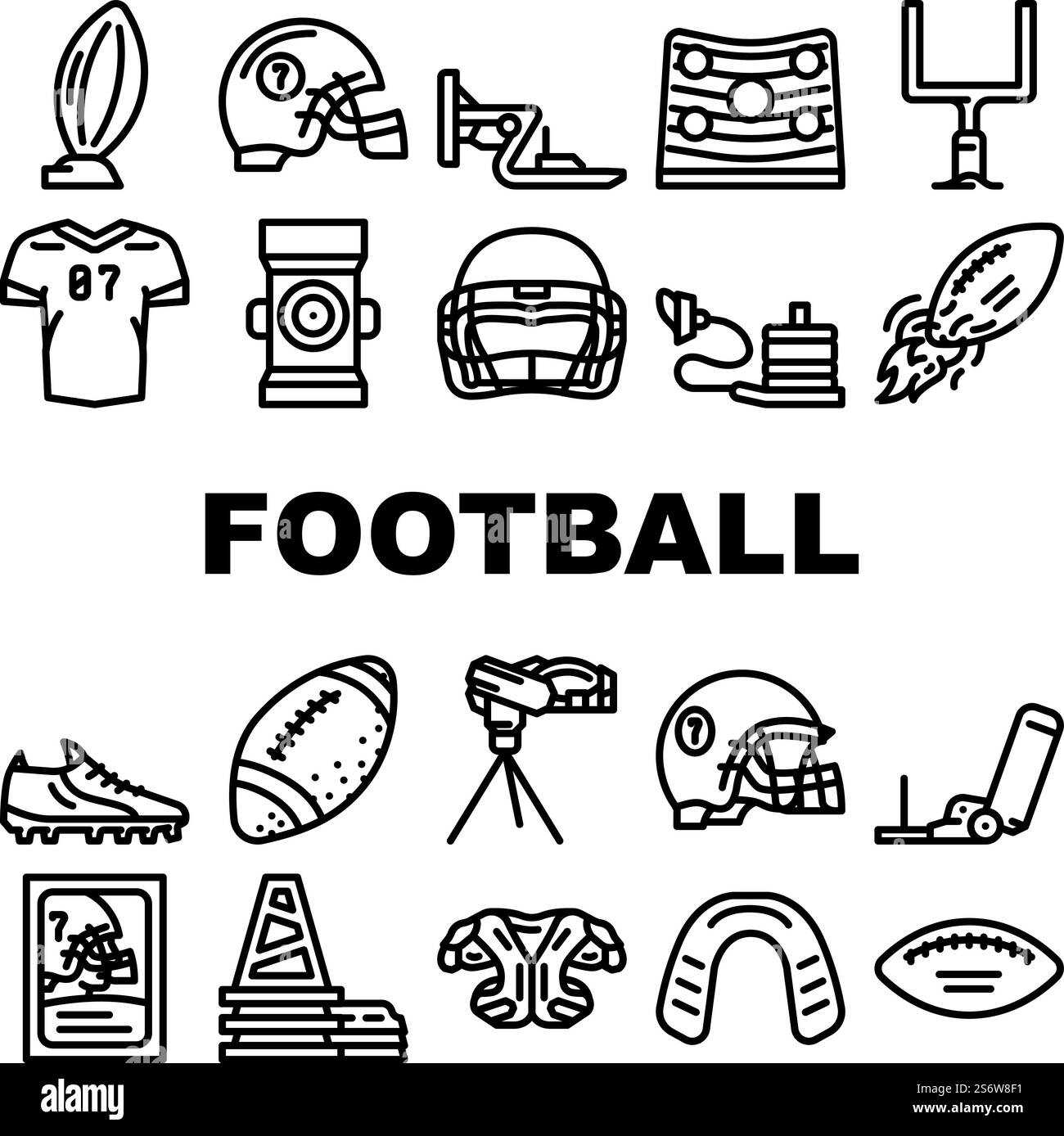 Accessoires de football américain icônes Set vecteur. Ballon et porte de football américain, casque de protection du joueur et coussinets d'épaule, maillot et chaussures. Illustrations de contour noir d'équipement de jeu de sport. Accessoires de football américain icônes Set vecteur Illustration de Vecteur