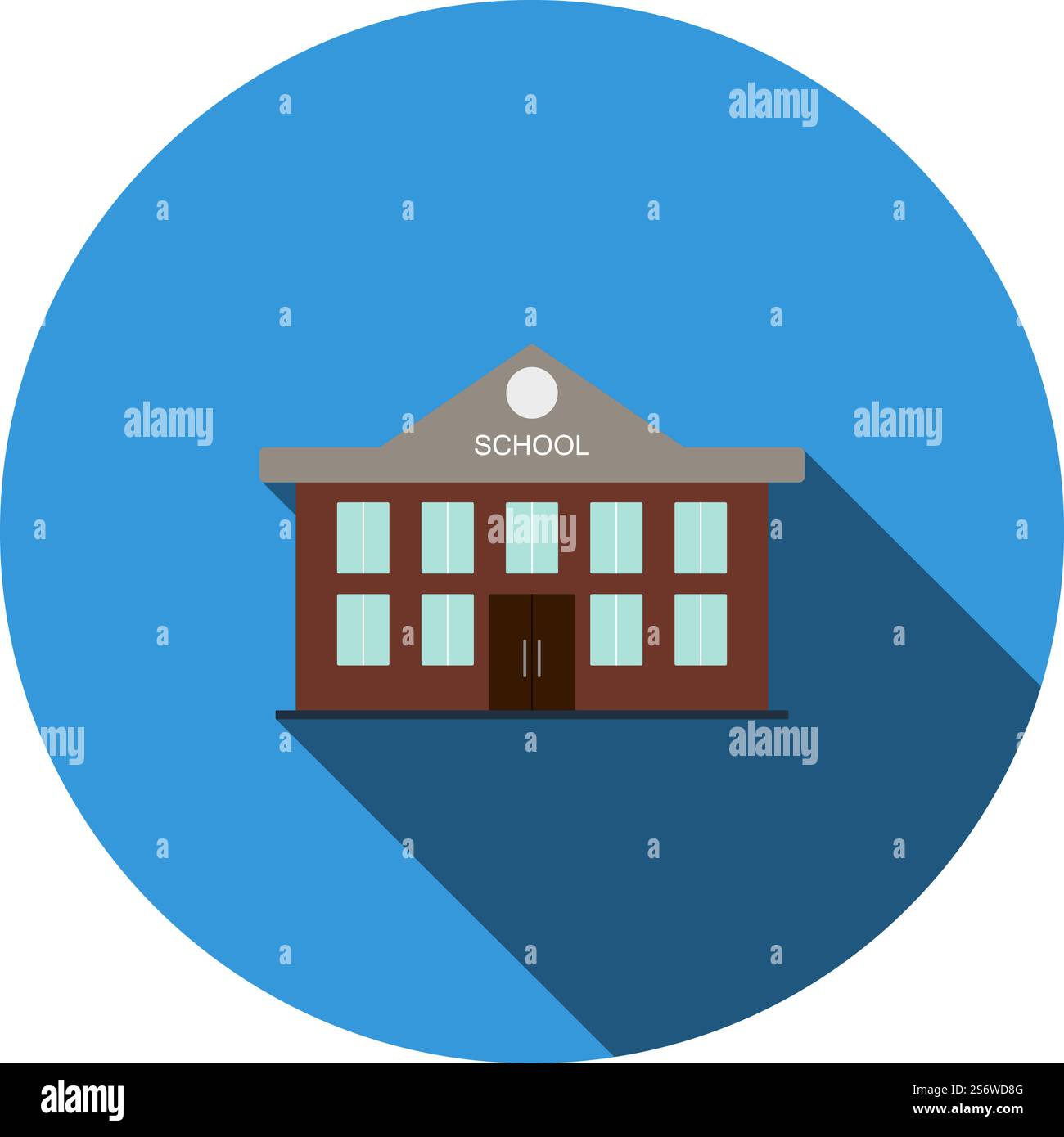 Icône du bâtiment de l'école. Motif pochoir à cercle plat avec ombre longue. Illustration vectorielle. Illustration de Vecteur