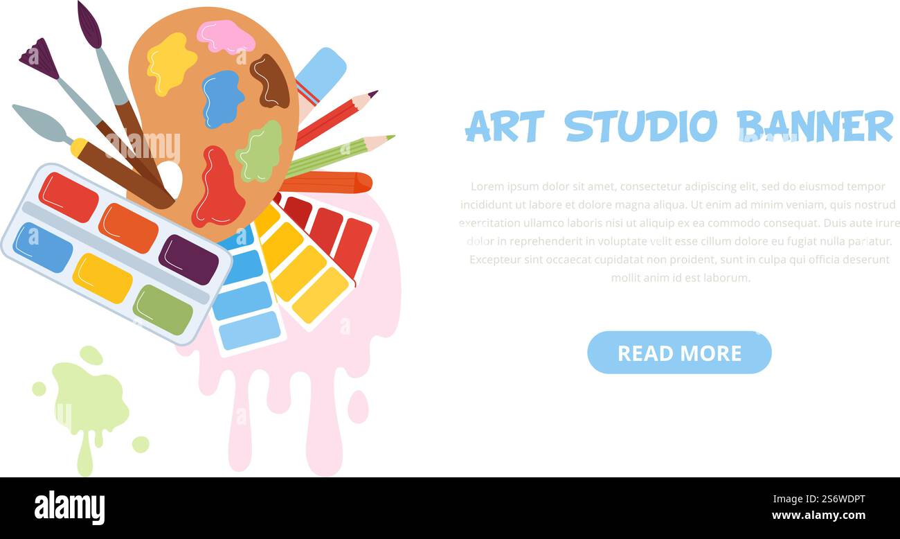 Bannière de fournitures artistiques. Enfants créatifs, école d'arts ou camp. Matériaux d'artisanat, flyer d'atelier de dessin d'été. Outils de peinture fond de vecteur décent. Illustration de l'école d'art d'éducation de bannière. Bannière de fournitures artistiques. Enfants créatifs, école d'arts ou camp. Matériaux d'artisanat, flyer d'atelier de dessin d'été. Outils de peinture fond de vecteur décent Illustration de Vecteur