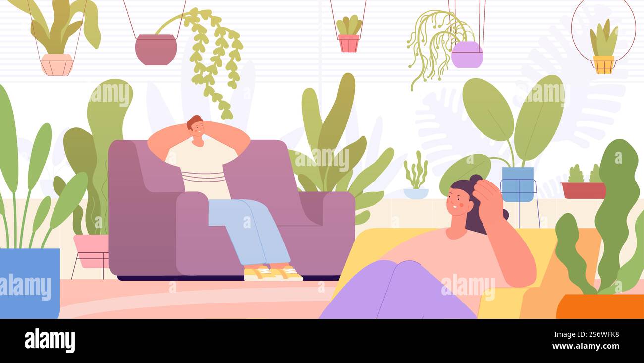Jardin de la maison. Intérieur de l'appartement avec des plantes, femme relaxant. Décoration naturelle de chambre moderne, appartement confortable. Scène de vecteur utter de jungle urbaine. illustration du jardin intérieur de plantes à la maison. Jardin de la maison. Intérieur de l'appartement avec des plantes, femme relaxant. Décoration naturelle de chambre moderne, appartement confortable. Scène de vecteur utter de jungle urbaine Illustration de Vecteur