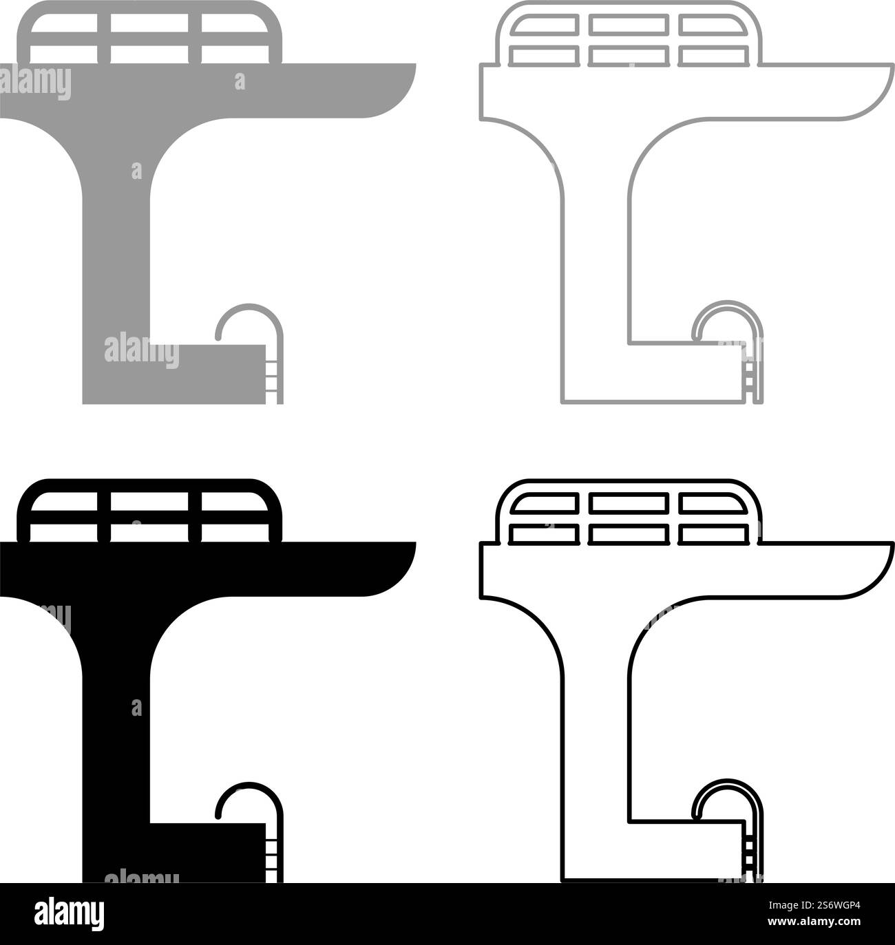 Tour dans la piscine pour saut de planche de plongée Springboard ensemble de natation icône gris noir couleur illustration vectorielle image simple plein remplissage contour ligne de contour mince style plat. Tour dans la piscine pour le saut de planche de plongée Springboard ensemble de natation icône gris noir couleur illustration vectorielle image solide remplissage contour ligne de contour mince style plat Illustration de Vecteur