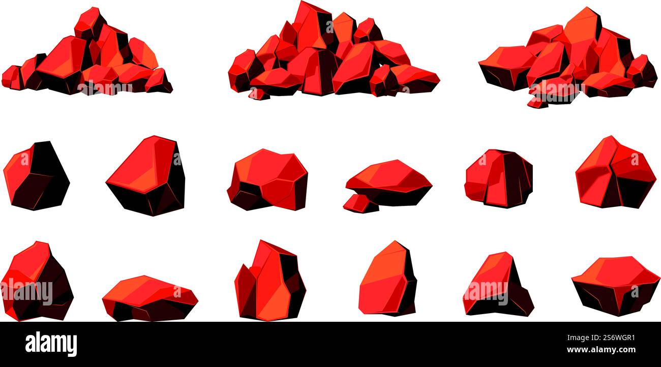 Minéraux incandescents. Grillades chaudes charbons brûlants pour cheminée dangereux mal roches naturelles Garish illustrations vectorielles ensemble. Brûler le minéral de combustible, pièce fossile de ressource. Minéraux incandescents. Grillades chaudes charbons brûlants pour cheminée dangereux mal roches naturelles Garish illustrations vectorielles ensemble Illustration de Vecteur