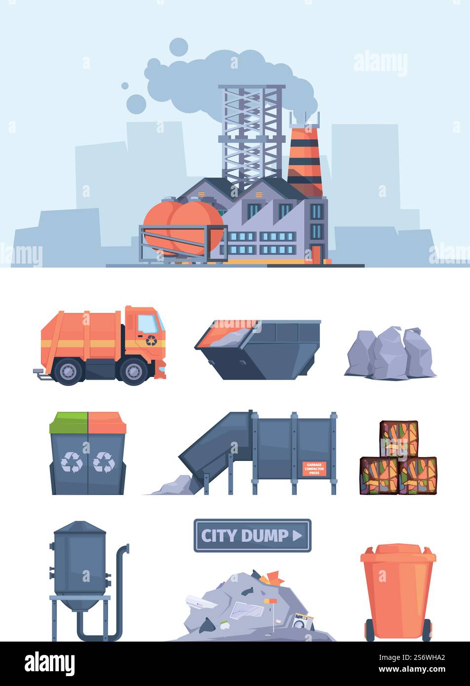 Processus de recyclage. Véhicules pour les machines de tri des déchets industriels pour le nettoyage des illustrations vectorielles d'ordures dans un style plat. Recycler les déchets et le tri, nettoyer la technologie des processus. Processus de recyclage. Véhicules pour les machines de tri des déchets industriels pour le nettoyage des illustrations vectorielles d'ordures dans un style plat Illustration de Vecteur