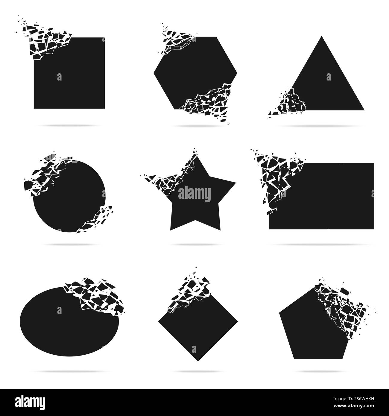 Explosion de forme. Formes destructrices, triangle brisé, carré, rond. Débris isolés, fissure de mouvement ou éléments géométriques de rupture noire, ensemble récent de vecteurs. Illustration d'une explosion éclatante. Explosion de forme. Formes destructrices, triangle brisé, carré, rond. Débris isolés, fissure de mouvement ou éléments géométriques de rupture noire, ensemble récent de vecteurs Illustration de Vecteur