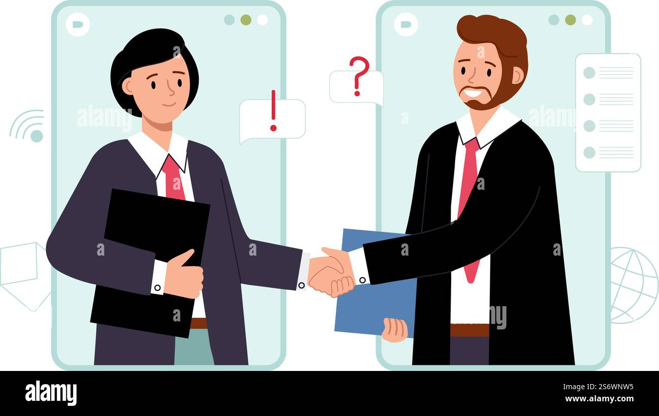 Accord commercial en ligne. Traitez avec le sponsor, fermez le contrat de projet. Poignée de main à distance investisseur et gestionnaire. Nouvelle start-up, concept de vecteur décent de parrainage numérique. Sponsor de poignée de main d'accord en ligne. Accord commercial en ligne. Traitez avec le sponsor, fermez le contrat de projet. Poignée de main à distance investisseur et gestionnaire. Nouvelle start-up, concept de vecteur décent de parrainage numérique Illustration de Vecteur
