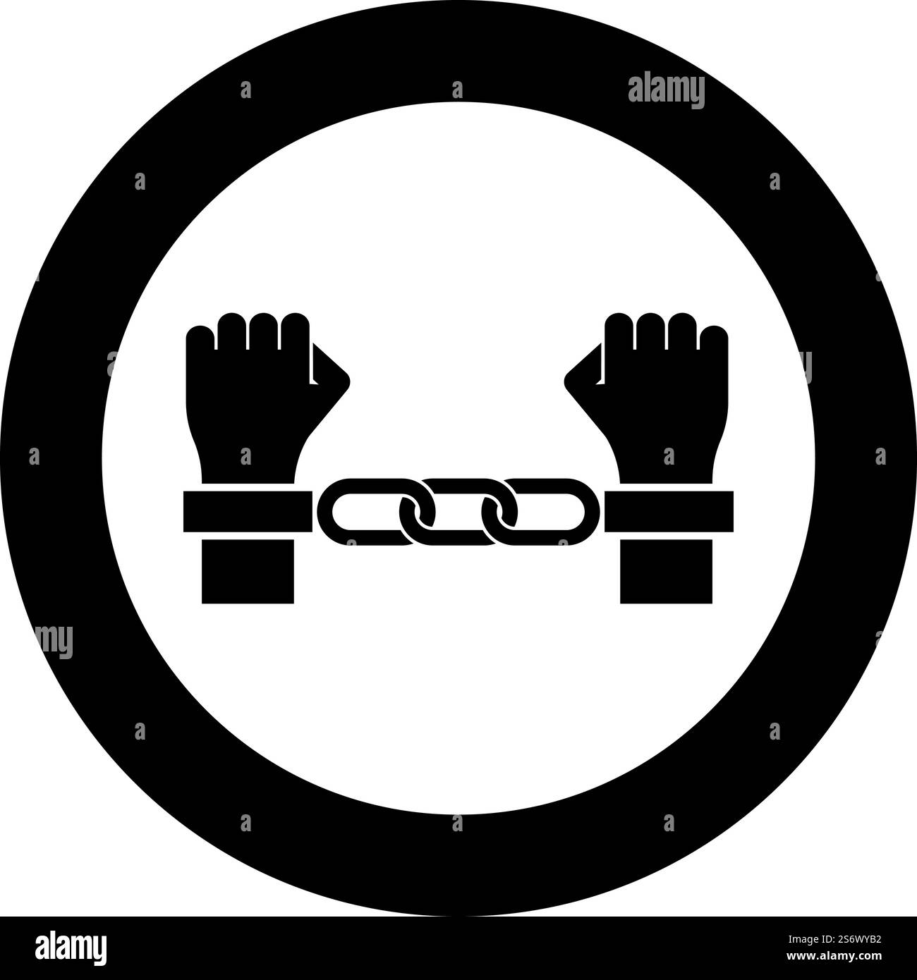 Mains dans les menottes concept criminel punition arrêtée Bondage icône de bagnard en cercle rond noir illustration vectorielle image de contour solide style simple. Mains dans les menottes concept criminel arrêté punition Bondage icône de bagnard en cercle rond noir illustration vectorielle image de contour solide Illustration de Vecteur