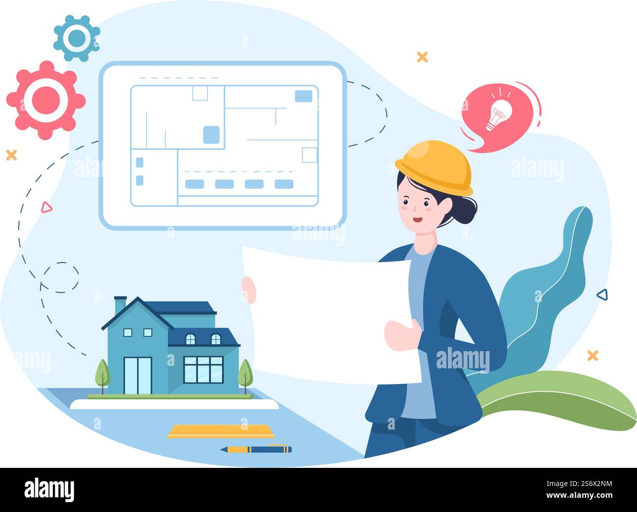 Illustration d'un dessin-modèle d'architecte ou d'ingénieur utilisation d'une table de cartes multifonctions pour esquisser le concept de construction et de miniatures de projet Illustration de Vecteur
