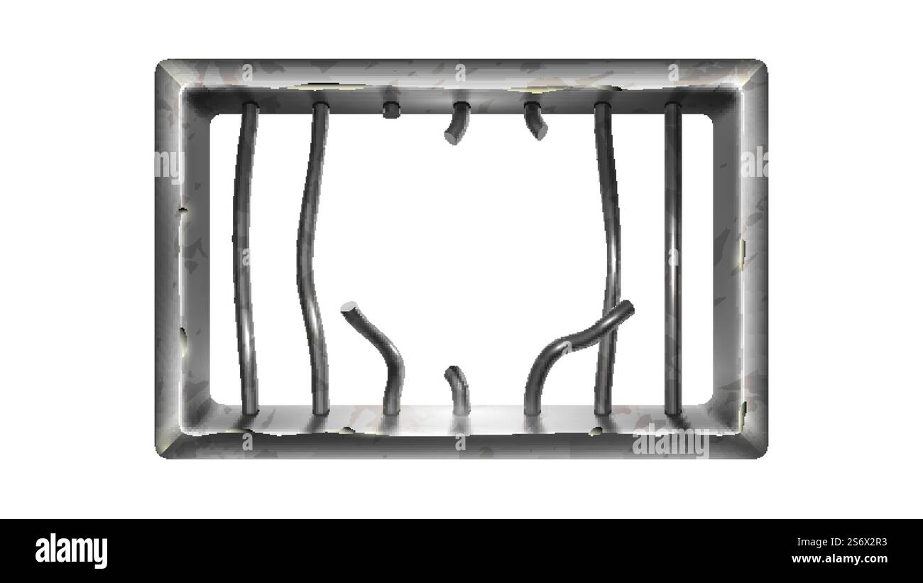 Barre de prison avec vecteur de grille sécurisée métallique cassé. Prisonnier s'est échappé de cage par Steel Windows prison Bar. Treillis de fer criminel, modèle d'équipement de sécurité illustration 3d réaliste. Barre de prison avec vecteur de grille sécurisée métallique cassé Illustration de Vecteur