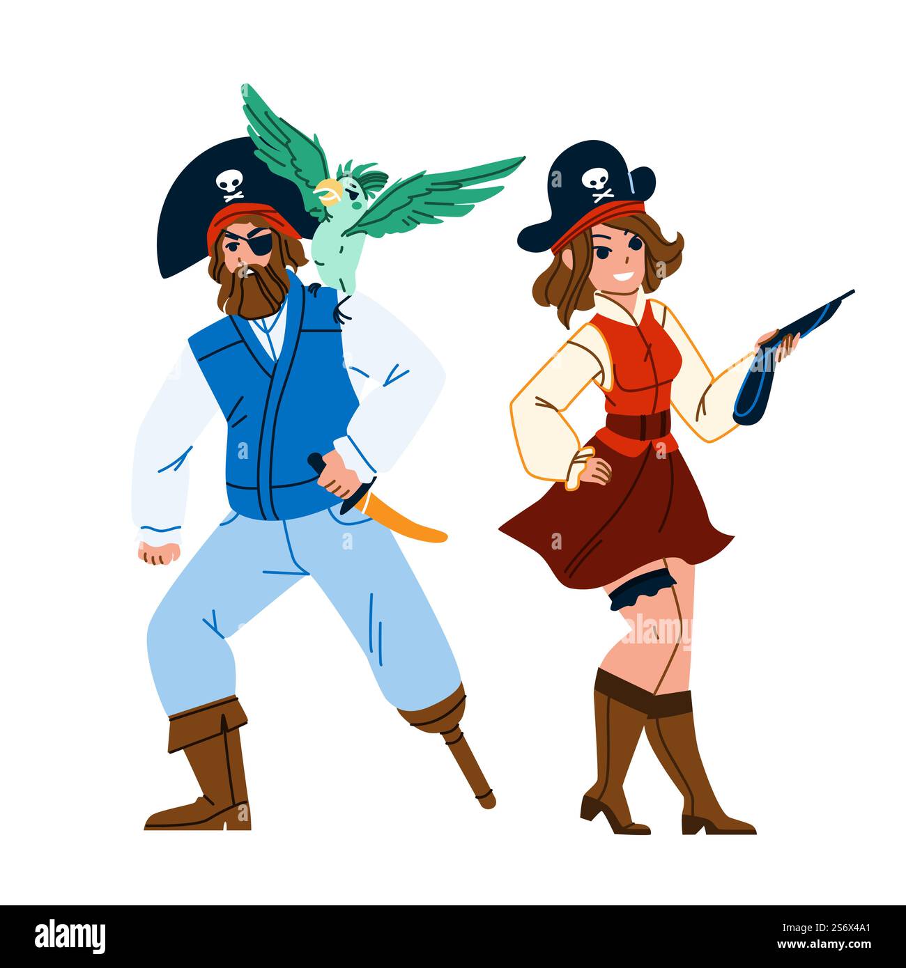 Homme et femme Pirate debout ensemble vecteur. Barbu Guy avec Parrot Bird sur l'épaule et femme avec arme à feu portant chapeau de pirate et costume. Personnages Flat Cartoon illustration. Homme et femme Pirate debout ensemble vecteur Illustration de Vecteur
