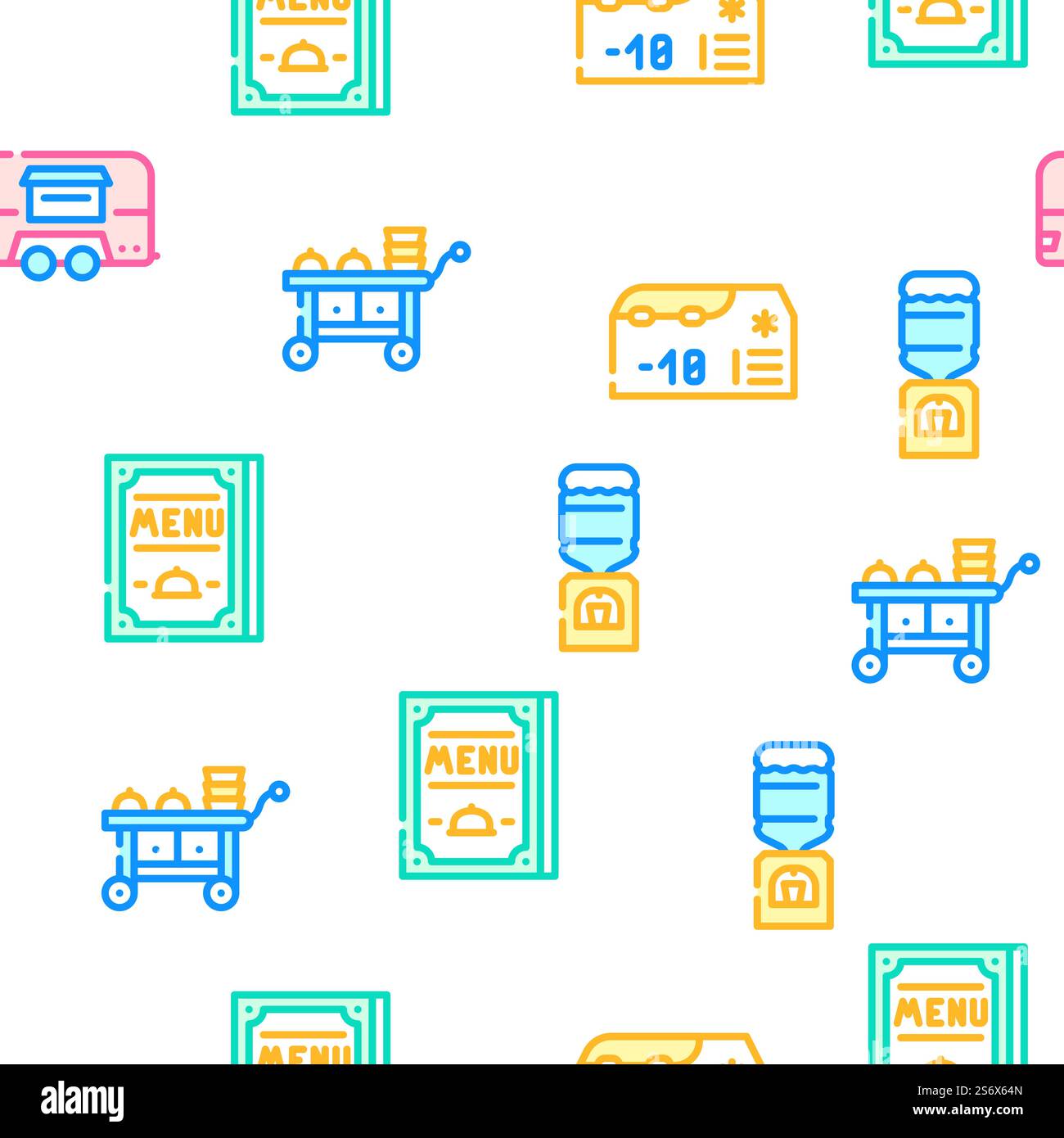 Illustration de la ligne de couleur de motif sans couture vectoriel de service alimentaire de restauration. Modèle transparent vectoriel de service alimentaire de restauration Illustration de Vecteur