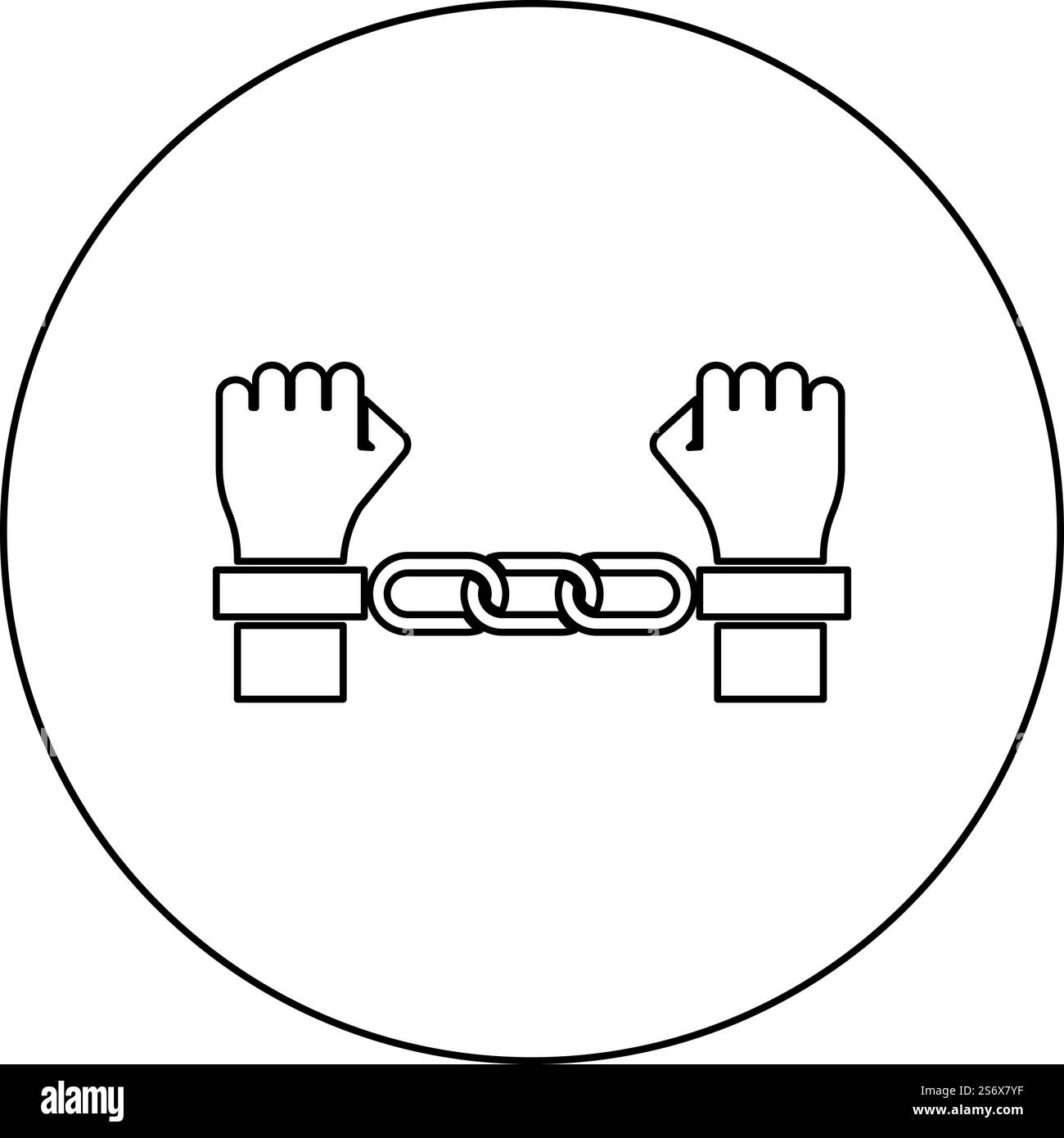 Mains dans les menottes concept criminel punition arrêtée Bondage icône de bagnard en cercle rond noir illustration vectorielle image contour ligne de contour mince style simple. Mains dans les menottes concept criminel punition arrêtée Bondage icône de bagnard en cercle rond noir illustration vectorielle image contour ligne de contour style mince Illustration de Vecteur