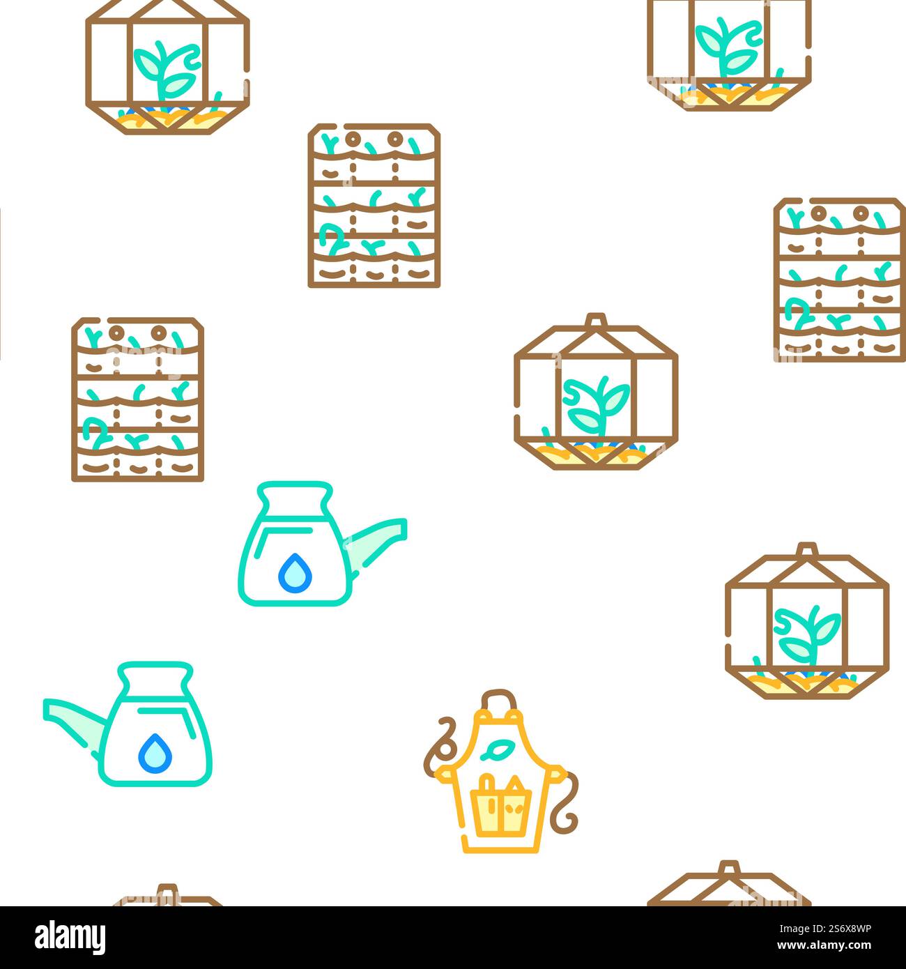 Plantes en pot et accessoires d'entretien Vector Seamless Pattern Color Line illustration. Vecteur d'ensemble d'icônes de plantes en pot et d'accessoires de soins Illustration de Vecteur