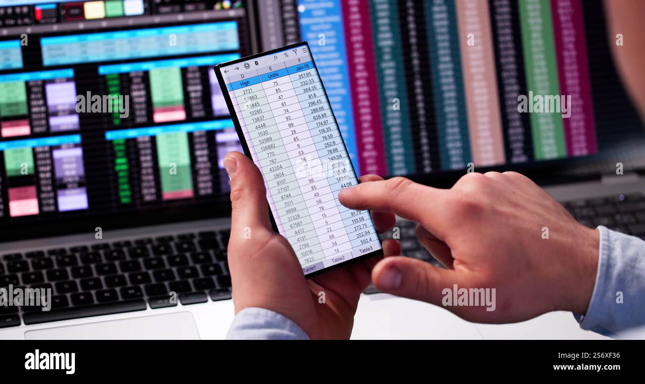 Analyste de données de feuille de calcul utilisant un logiciel informatique sur téléphone Banque D'Images