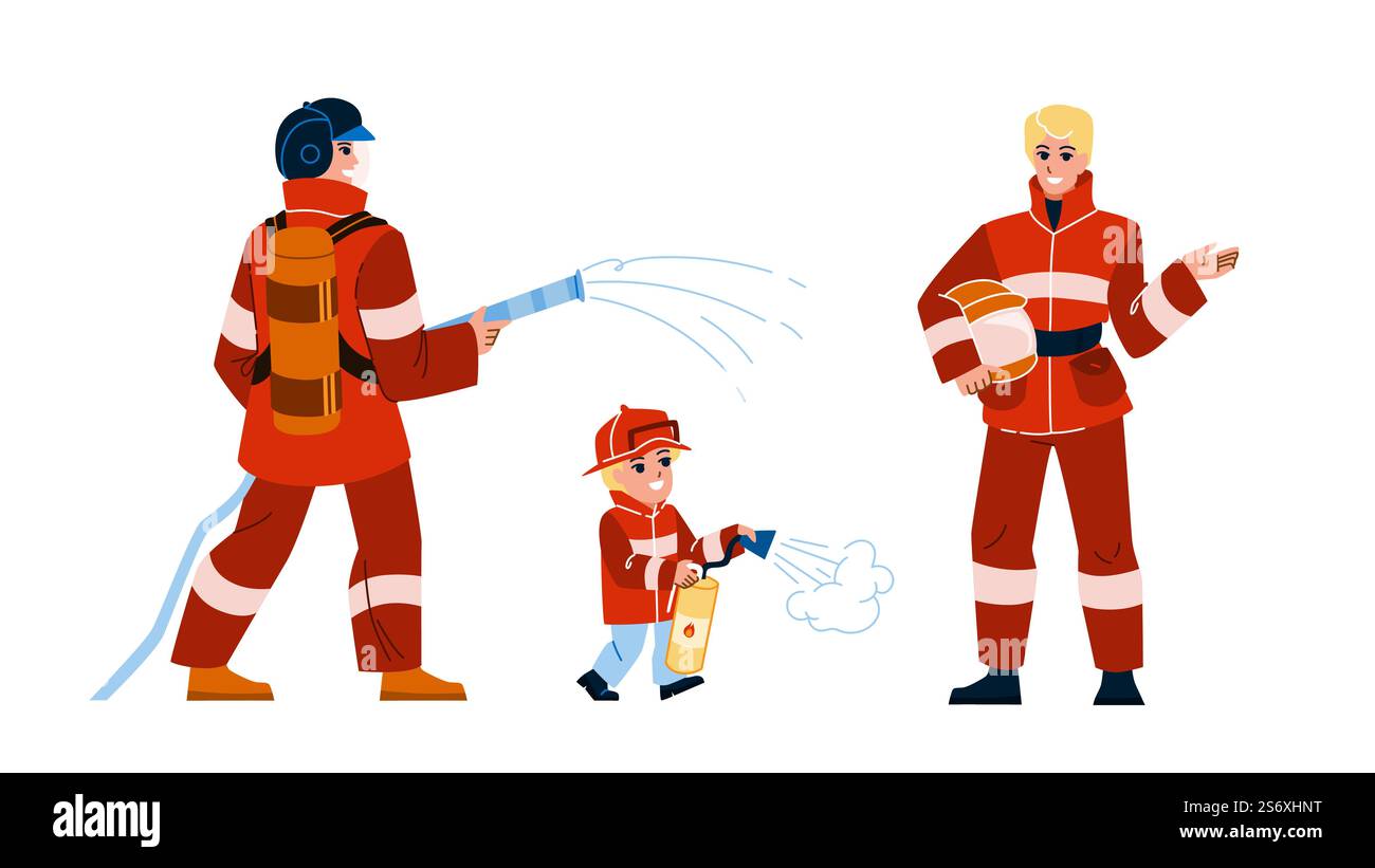 vecteur pompier. sauvetage de pompier, combattant d'urgence, équipement de sécurité, casque uniforme pompier caractère. illustration de bande dessinée plate de gens. vecteur du département des pompiers Illustration de Vecteur