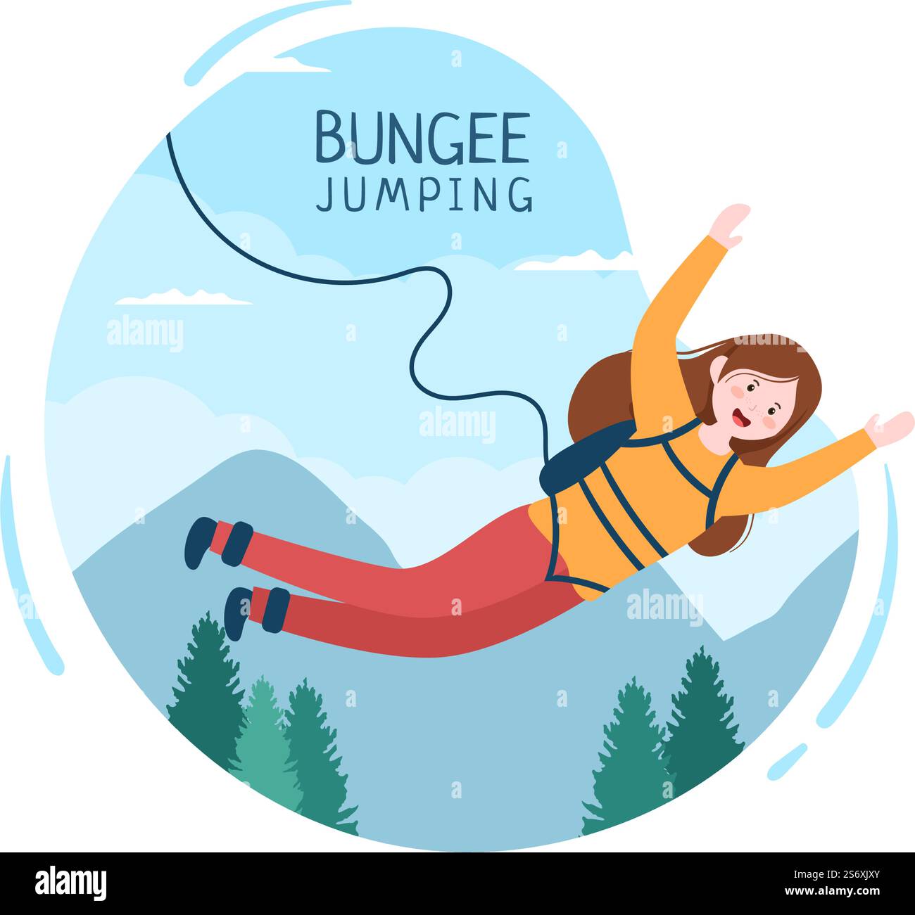 Saut à l'élastique des personnes attachées avec un corde élastique tombant après un saut à partir d'une hauteur dans le dessin animé de sport extrême Illustration de Vecteur