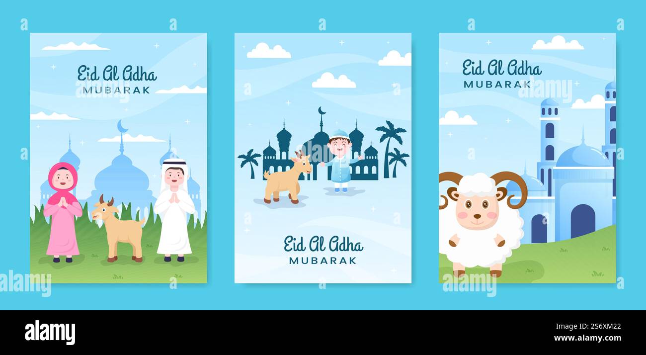 EID al Adha modèle de collection de cartes de vœux médias sociaux dessin d'arrière-plan du dessin animé à plat Illustration de Vecteur
