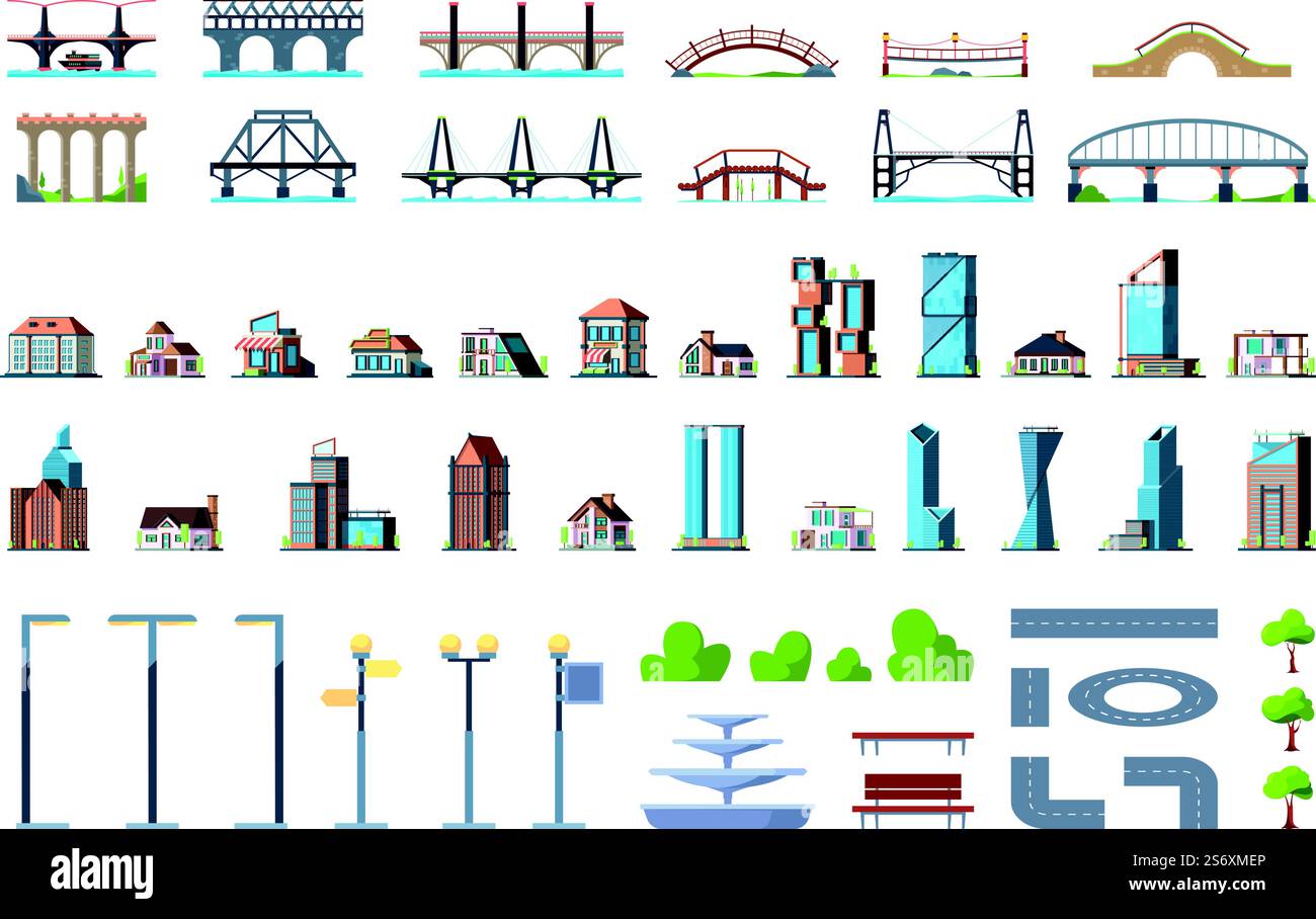 Kit carte de la ville. Les bâtiments de la ville abrite des arbres routes infrastructure urbaine bus et voitures paysage ellements herbe et roches vecteur illustrations plates. Bâtiment de maison de ville pour la conception de paysage urbain. Kit carte de la ville. Bâtiments de ville maisons arbres routes infrastructure urbaine signes de transport bus et voitures paysage ellements herbe et roches criard vecteur illustrations plates Illustration de Vecteur