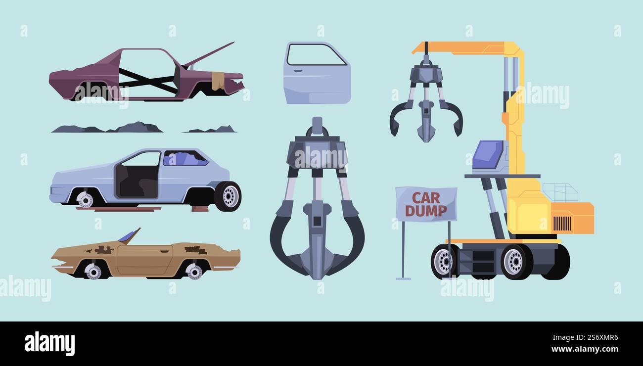 Wagons à benne basculante urbains. City dump yard avec des illustrations colorées de concept de vecteur de jonque en acier de recyclage de véhicule à ordures métalliques dans un style plat. Véhicule à ordures et à décharge. Wagons à benne basculante urbains. City dump yard avec des illustrations colorées de concept de vecteur de jonque en acier de recyclage de véhicule à ordures métalliques dans un style plat Illustration de Vecteur