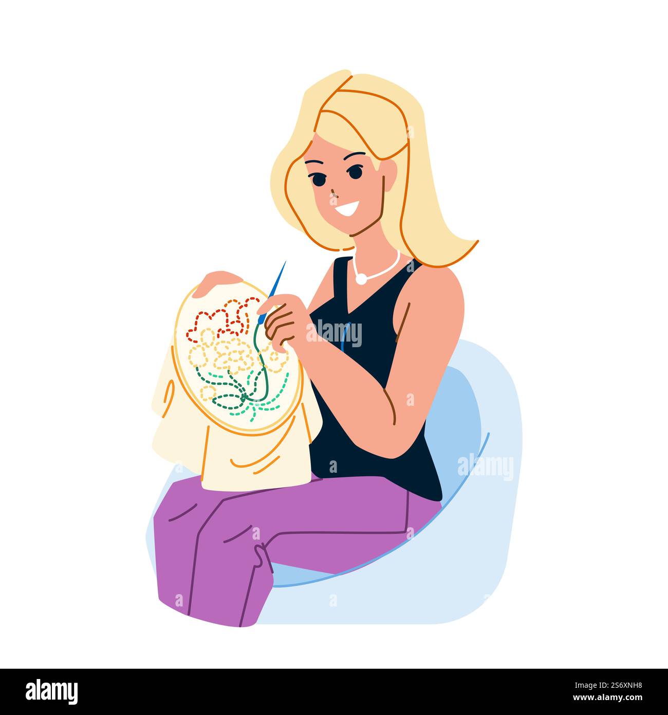 vecteur de broderie. passe-temps de femme de conception, point de fil, caractère de broderie artisanale de mode en tissu. illustration de bande dessinée plate de gens. vecteur de passe-temps de broderie Illustration de Vecteur