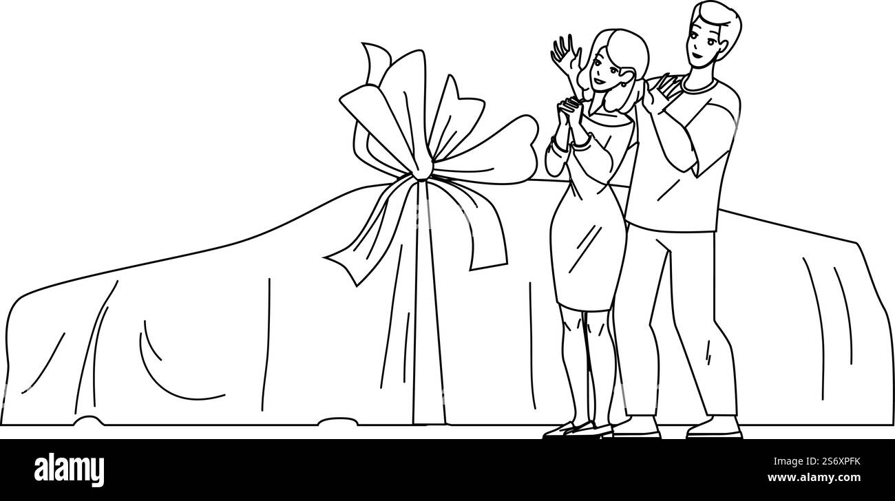 Boyfriend présent Girlfriend voiture surprise vecteur. Homme présentant femme cadeau de voiture décoré arc festif. Couple de personnages heureux a gagné automobile dans la loterie ensemble illustration de ligne noire. Boyfriend présent Girlfriend voiture surprise vecteur Illustration de Vecteur