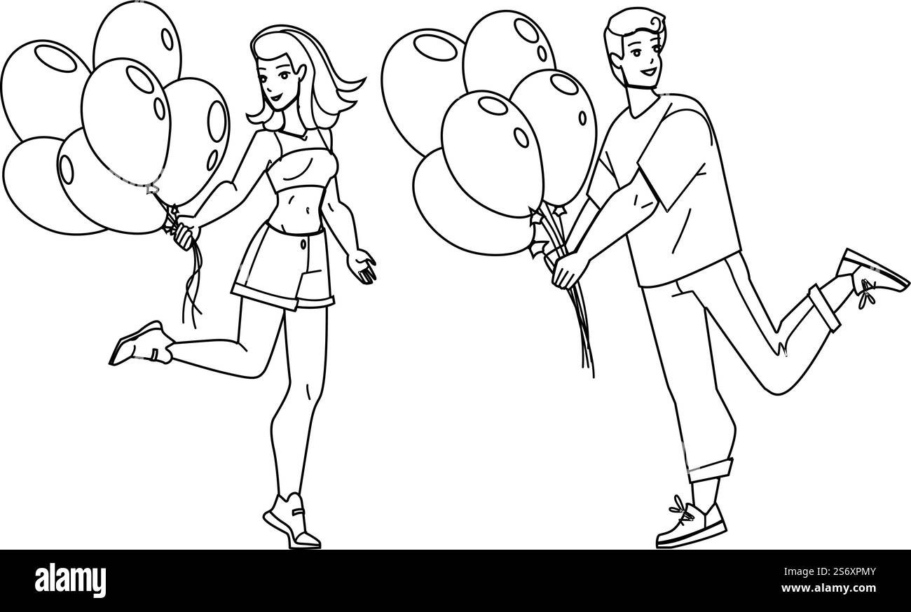 Fille et garçon avec Air Balloon sur Party Vector. Heureux homme et femme tenant un ballon d'hélium et appréciant l'anniversaire ou le festival des fêtes. Personnages jouissent ensemble illustration de ligne noire. Fille et garçon avec Air Balloon sur Party Vector Illustration de Vecteur