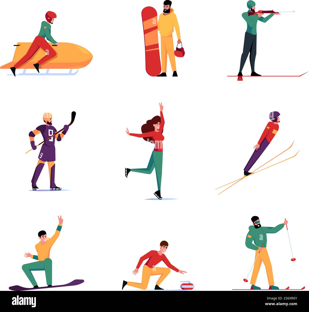 Jeux de sports d'hiver. Ski luge snowboard jeux olympiques athlètes de grésillement de vecteur des gens plats. Illustration de l'équipement de sport d'hiver. Jeux de sports d'hiver. Ski luge snowboard jeux olympiques athlètes de grésillement de vecteur des gens plats Illustration de Vecteur