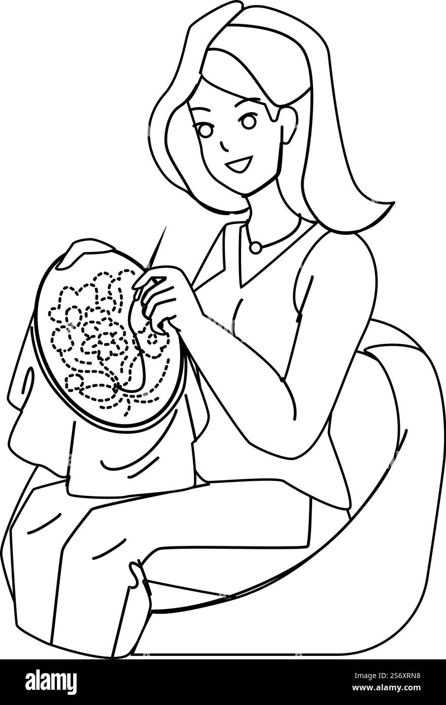 vecteur de broderie. passe-temps de femme de conception, point de fil, caractère de broderie artisanale de mode en tissu. illustration vectorielle de dessin de crayon de ligne noire de gens. vecteur de passe-temps de broderie Illustration de Vecteur