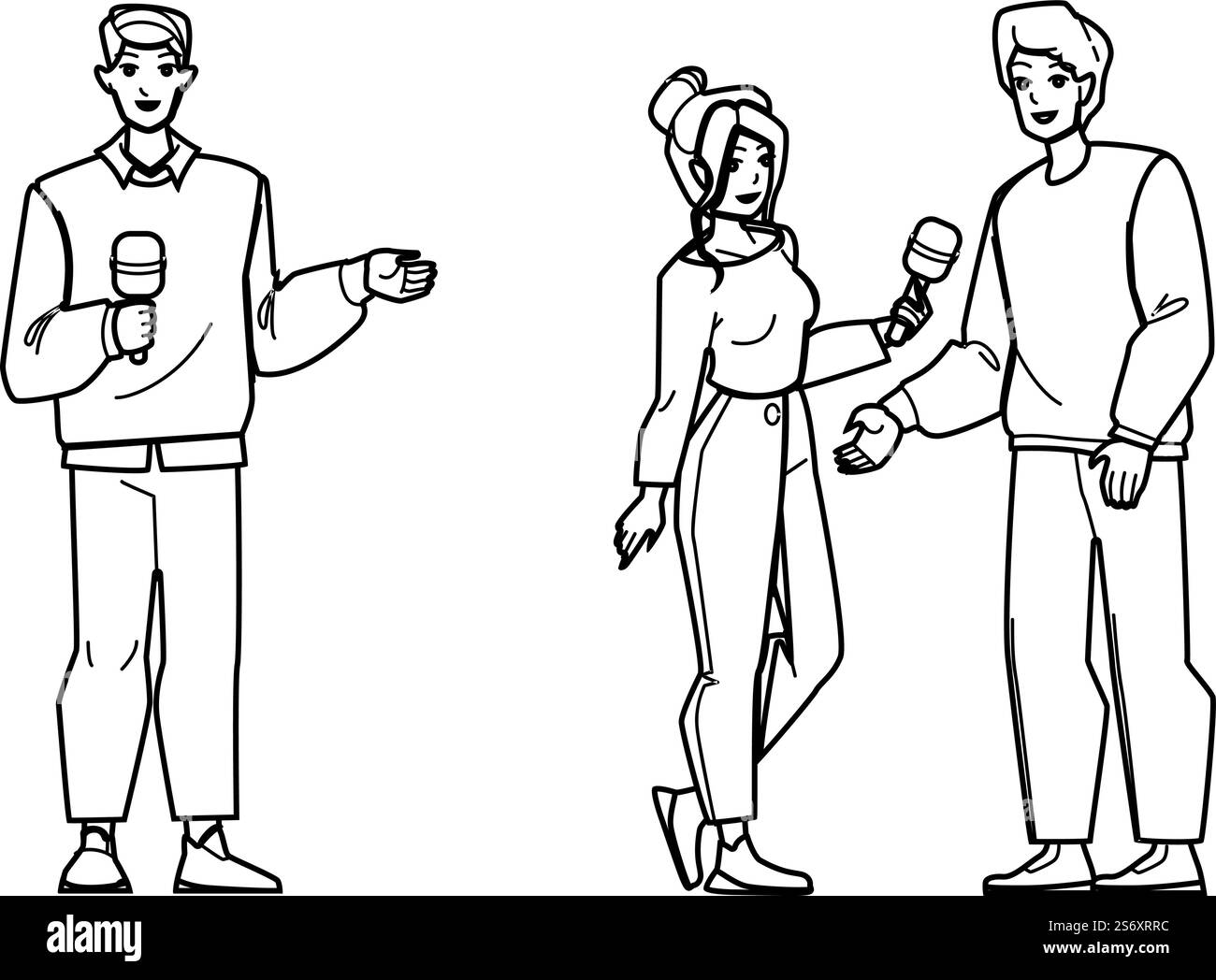 vecteur d'interview de journaliste. news tv, presse micro, reportet média, personnage d'interview de journaliste de communication télévisuelle. illustration vectorielle de dessin de crayon de ligne noire de gens. vecteur d'interview de journaliste Illustration de Vecteur