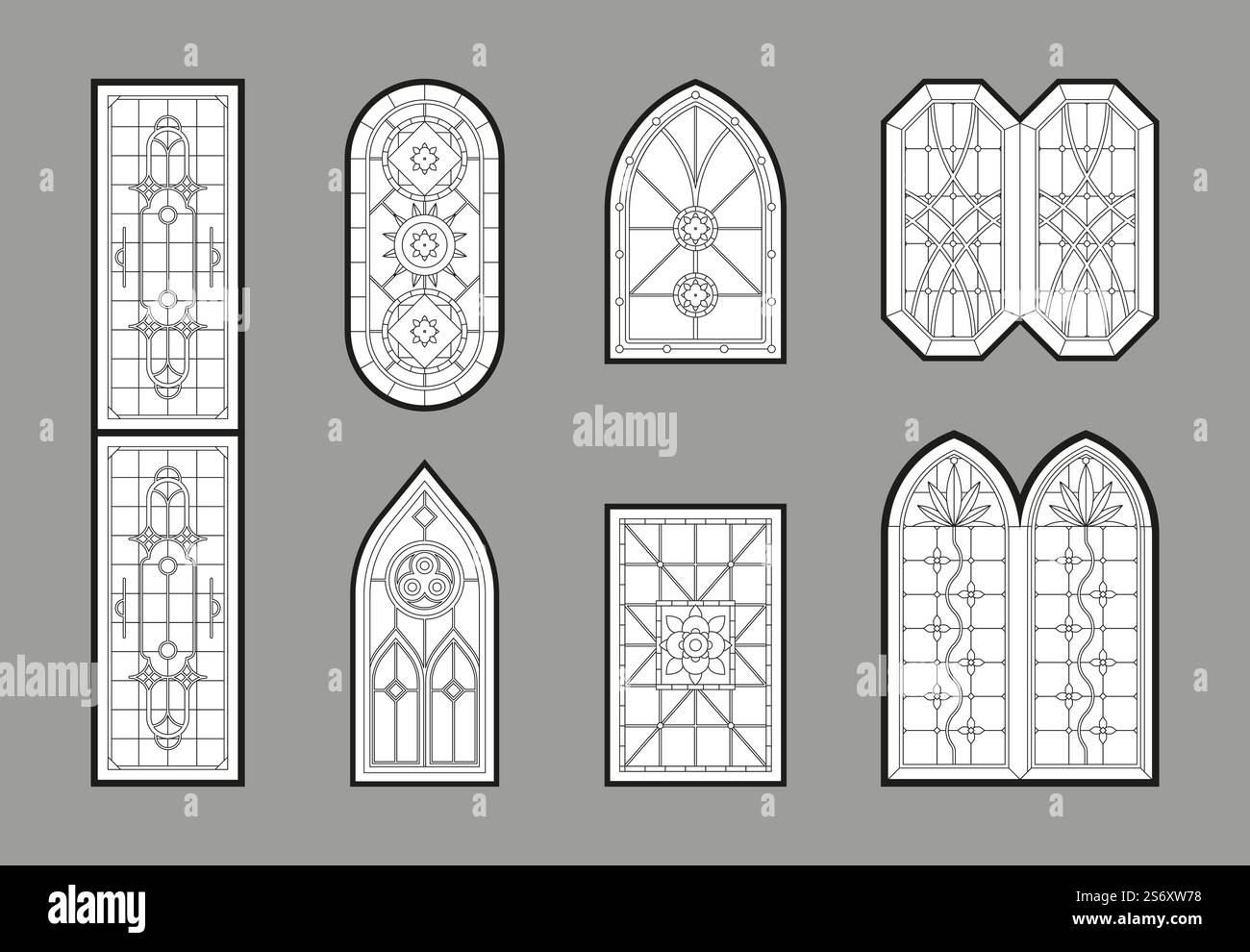 Fenêtres d'église. Verres architecturaux gothiques avec décoration géométrique style ornemental médiéval cadres catholiques de portail en mosaïque modèles vectoriels jarish. Fenêtre d'architecture silhouette gothique. Fenêtres d'église. Verres architecturaux gothiques avec décoration géométrique style ornemental médiéval cadres catholiques de portail en mosaïque modèles vectoriels jarish Illustration de Vecteur