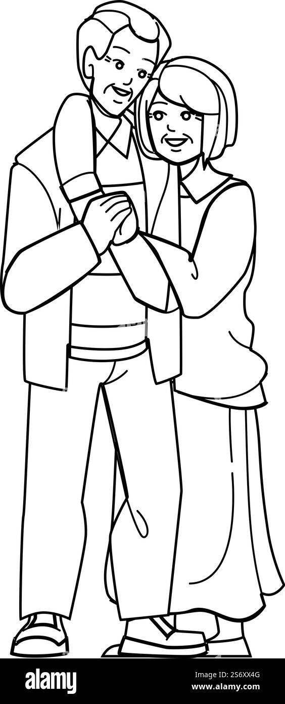 vecteur couple senior. heureuse vieille femme, amour ensemble, personnage de couple senior portrait adulte sain. illustration vectorielle de dessin de crayon de ligne noire de gens. vecteur couple senior Illustration de Vecteur