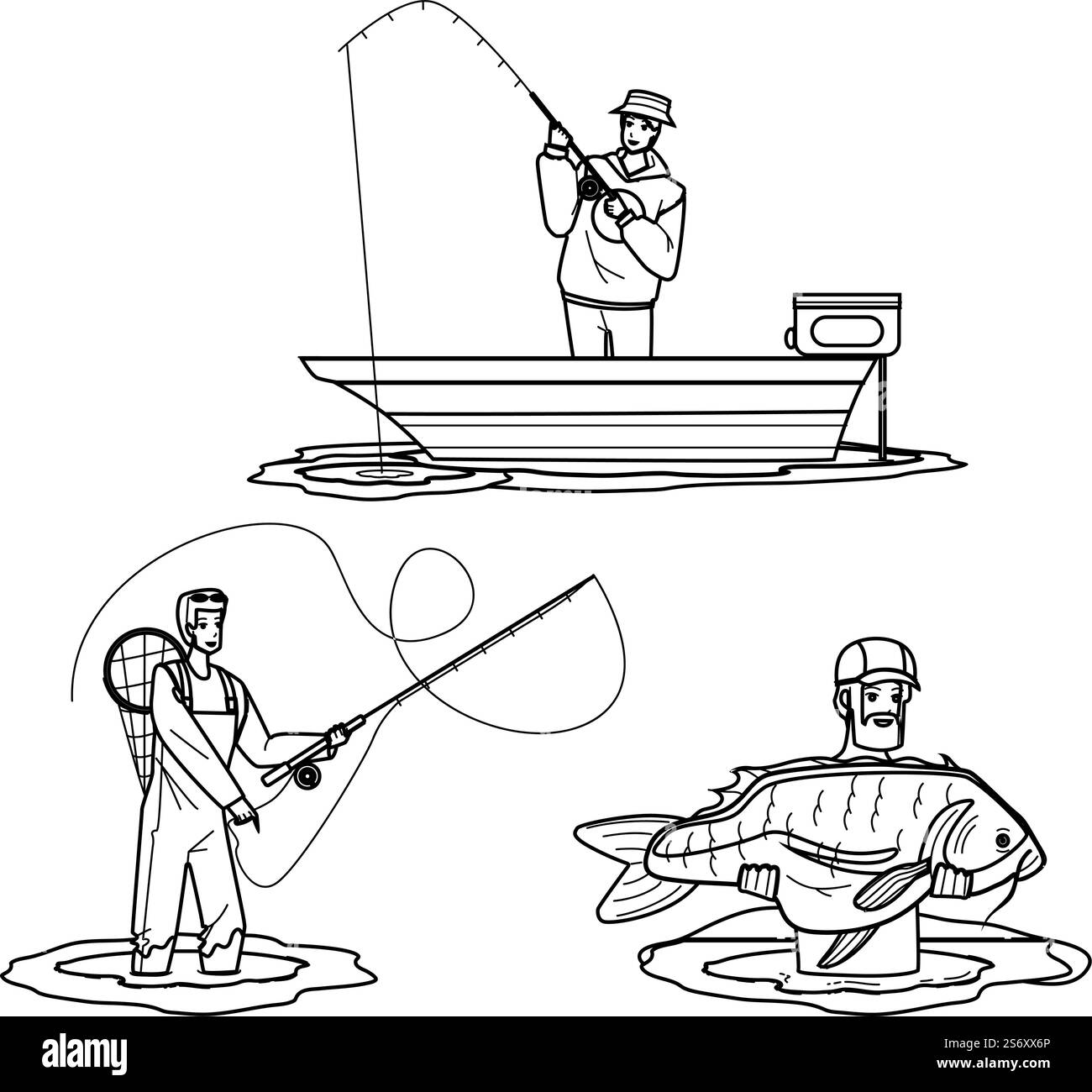 vecteur de passe-temps de pêche. pêcheur et poisson, bateau, lac et eau de rivière, passe-temps d'été pêche passe-temps caractère. illustration vectorielle de dessin de crayon de ligne noire de gens. vecteur de passe-temps de pêche Illustration de Vecteur