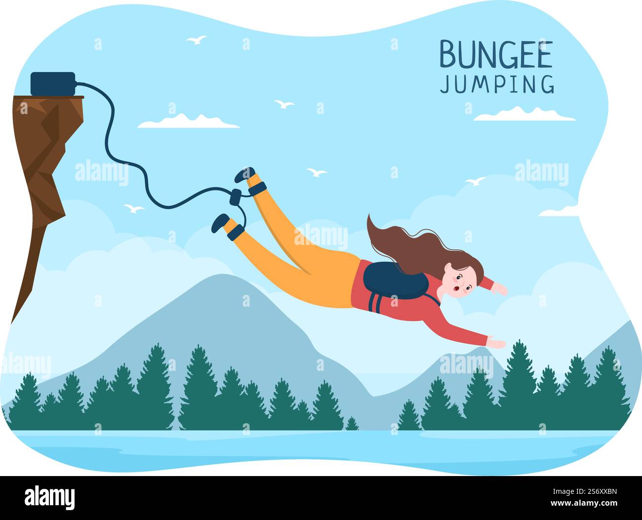 Saut à l'élastique des personnes attachées avec un corde élastique tombant après un saut à partir d'une hauteur dans le dessin animé de sport extrême Illustration de Vecteur