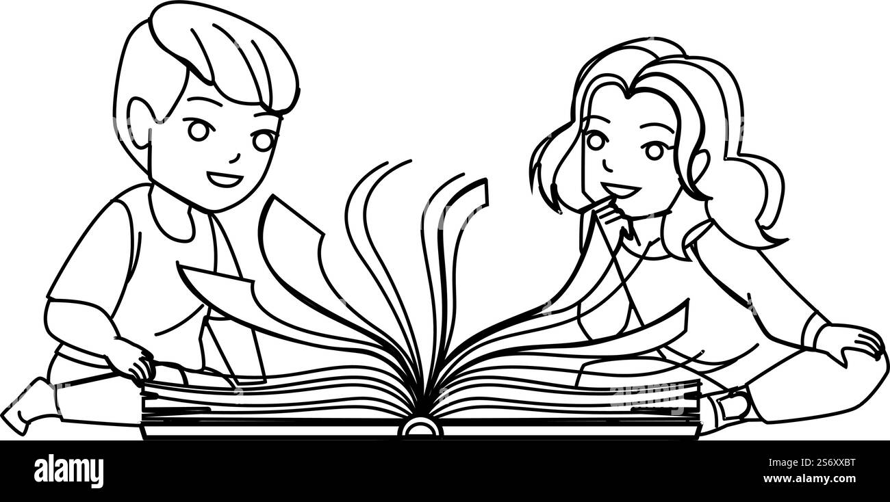 vecteur de livre magique. fantaisie de lumière ouverte, vieille bibliothèque de fille garçon, littérature de l'histoire, personnage de livre magique d'éducation de rêve. illustration vectorielle de dessin de crayon de ligne noire de gens. vecteur de livre magique Illustration de Vecteur