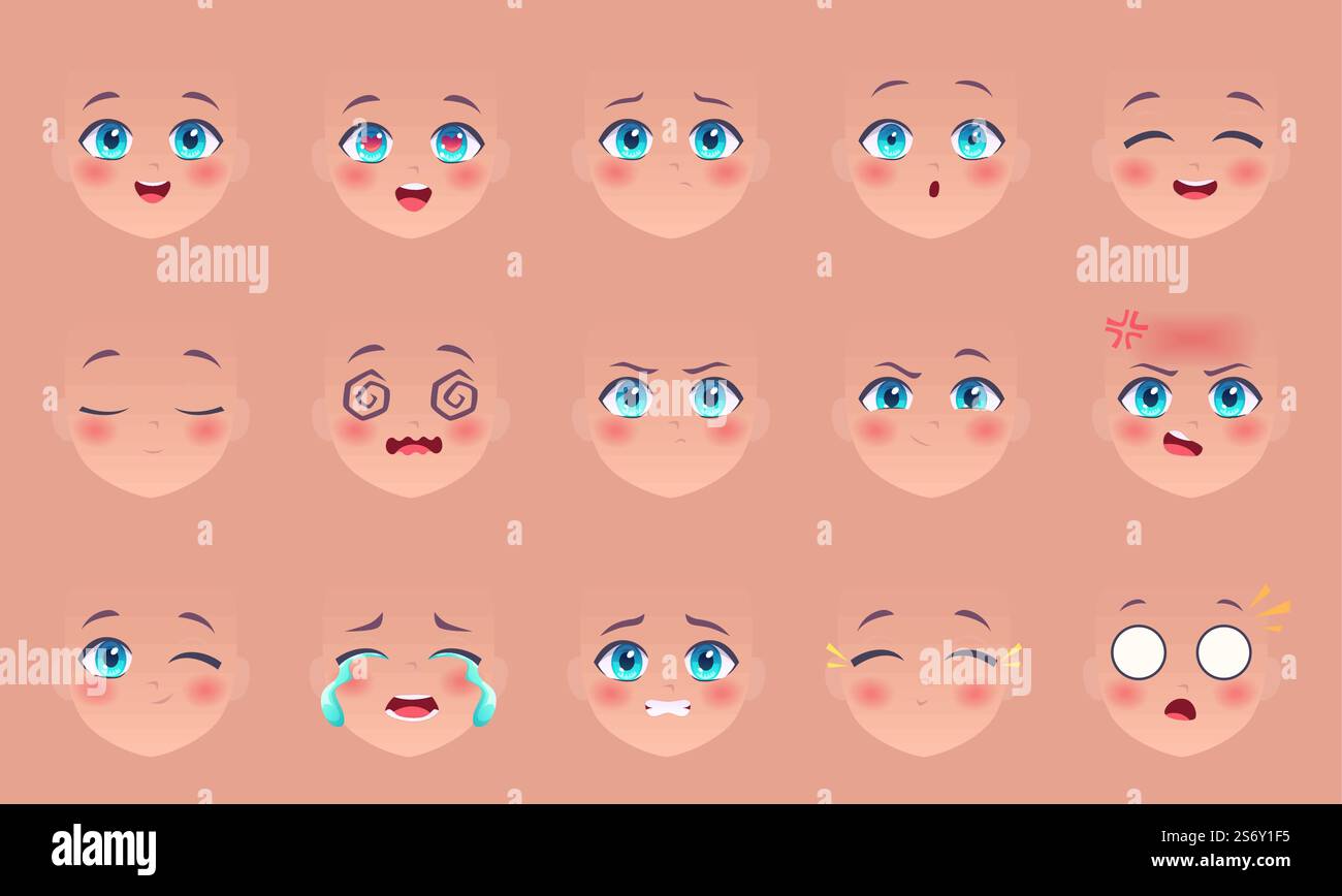 Visages d'anime. Manga yeux nez et lèvres expressions drôles de dessin animé kawaii comique faces personnages exact kit de création vectorielle. Illustration de personnage d'anime de visage, manga japonais. Visages d'anime. Manga yeux nez et lèvres expressions drôles de dessin animé kawaii comique faces personnages exact kit de création vectorielle Illustration de Vecteur