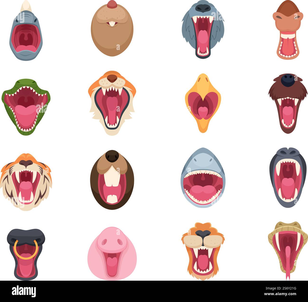 Bouche d'animal en colère. Les visages de personnages de zoo sauvages portent un ensemble d'illustrations vectorielles exactes de loup de serpent et de cheval. Masque animal en colère, mascotte bête agressive. Bouche d'animal en colère. Les visages de personnages de zoo sauvages portent un ensemble d'illustrations vectorielles exactes de loup de serpent et de cheval Illustration de Vecteur