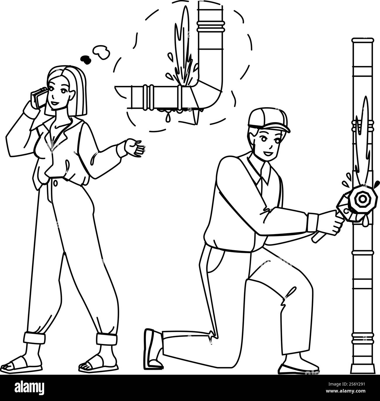 vecteur de maison d'inondation. dégâts d'eau, catastrophe de maison, fuite intérieure, assurance fuite, caractère de la maison d'inondation d'appartement tempête. illustration vectorielle de dessin de crayon de ligne noire de gens. vecteur de maison d'inondation Illustration de Vecteur