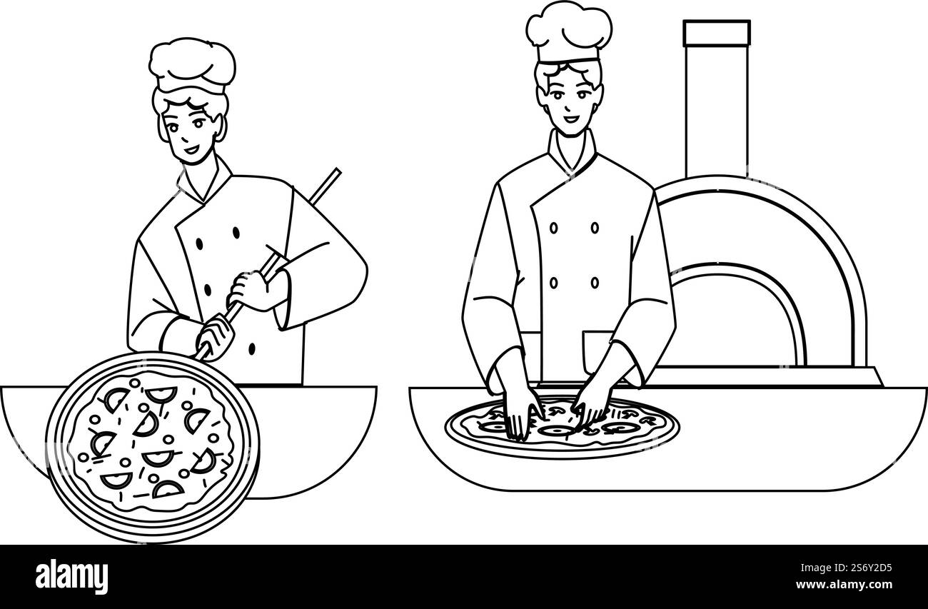 Les travailleurs de Pizzeria préparent Delicious Food Vector. Men on Pizzeria Restaurant cuisine cuisiner savoureux Pizza ensemble. Personnages Guy chefs préparent l'illustration de la ligne noire de plat italien. Les travailleurs de Pizzeria préparent Delicious Food Vector Illustration de Vecteur Les travailleurs de Pizzeria préparent Delicious Food Vector. Men on Pizzeria Restaurant cuisine cuisiner savoureux Pizza ensemble. Personnages Guy chefs préparent l'illustration de la ligne noire de plat italien. Les travailleurs de Pizzeria préparent Delicious Food Vector Illustration de Vecteur