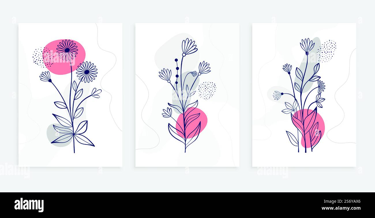 ensemble de modèles d'affiches de fleurs botaniques dessinées à la main Illustration de Vecteur
