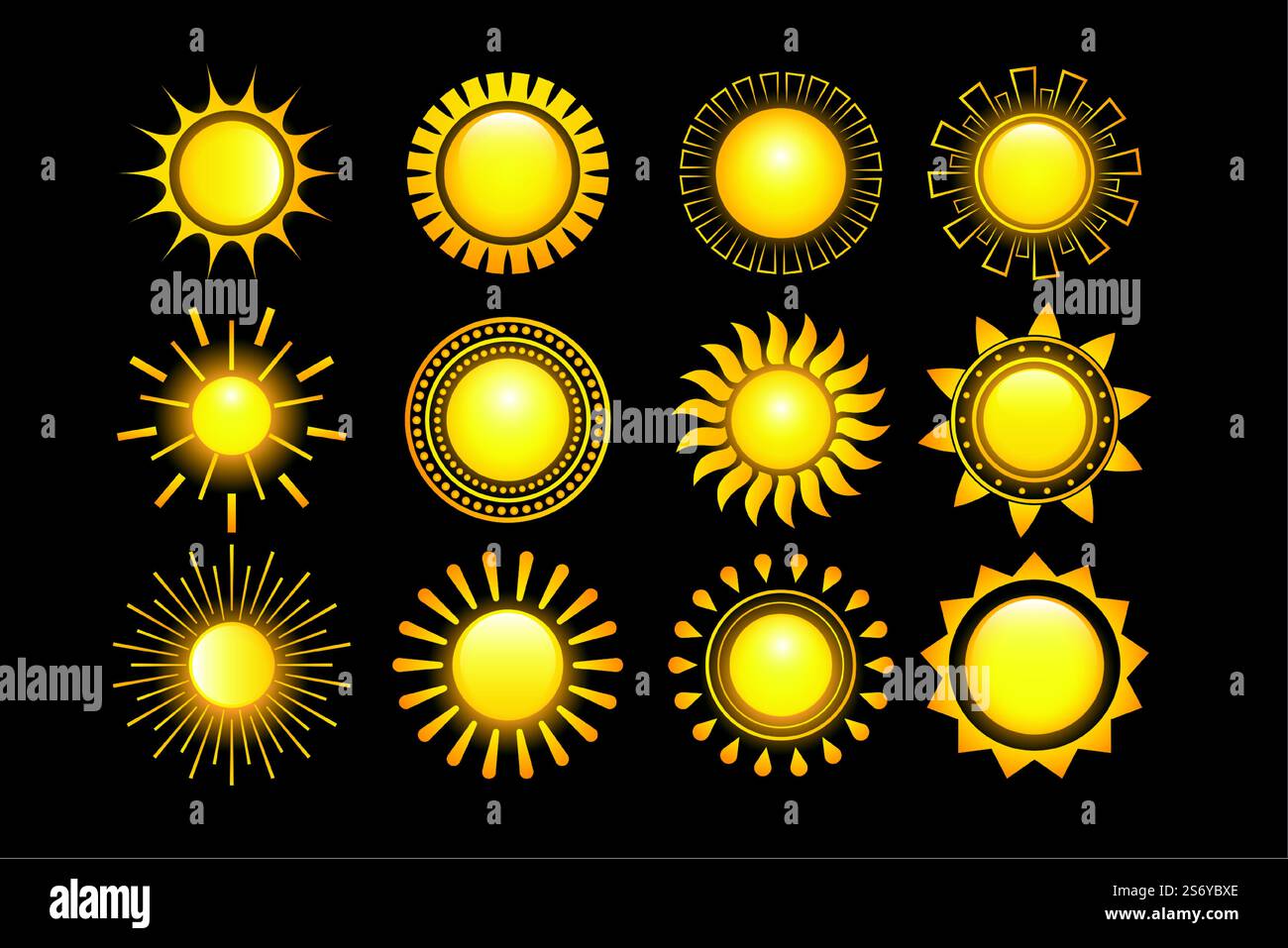 ensemble de douze de collection de soleil chaud d'été jaune éclatant Illustration de Vecteur