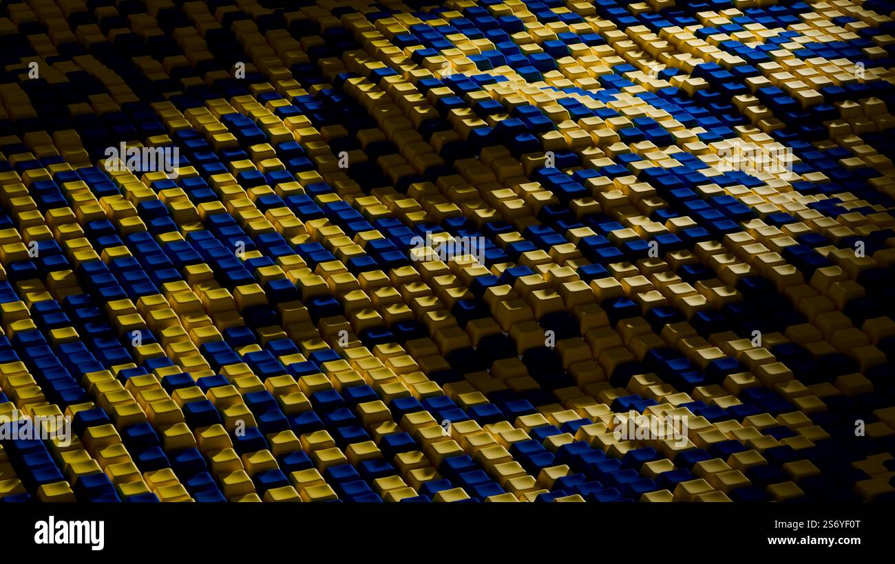 Cubes 3D bleu jaune se trouvent dans une vague comme un arrière-plan, cubes 3D géométrique arrière-plan Banque D'Images