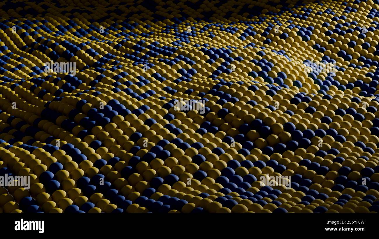 Boules 3D jaunes et bleues se trouvent dans une vague comme un fond, fond de boules 3D géométriques aux couleurs du drapeau de l'Ukraine Banque D'Images