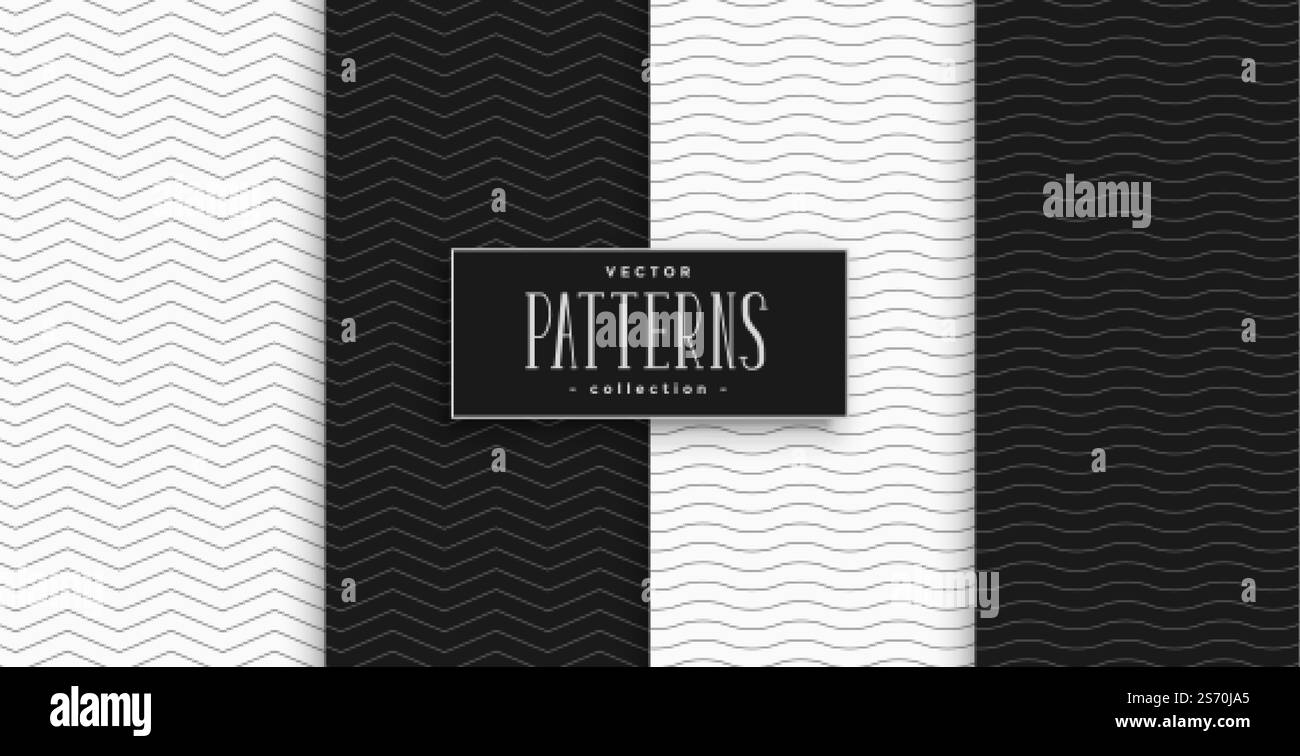 ensemble de motifs zigzag et vagues noir et blanc minimal Illustration de Vecteur