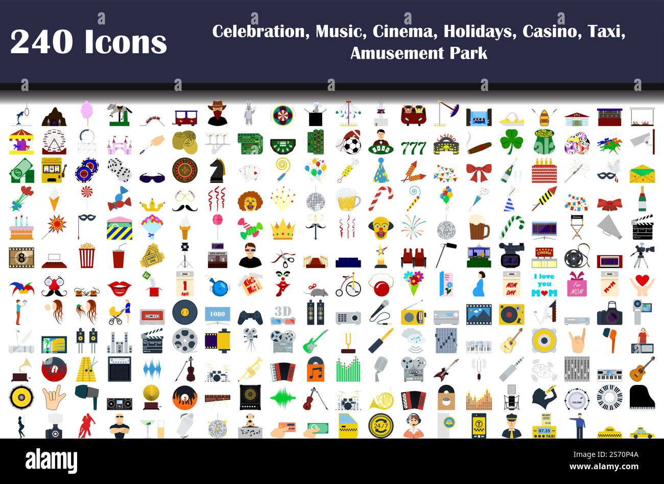 240 icônes de la fête, de la musique, du cinéma, des vacances, du casino, Taxi, parc d'attractions. Conception plate. Illustration vectorielle entièrement modifiable. Texte développé. Illustration de Vecteur