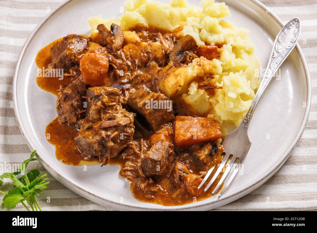 Bœuf braisé au vin rouge tendre fondu avec purée de pommes de terre, boeuf bourguignon, gros plan Banque D'Images