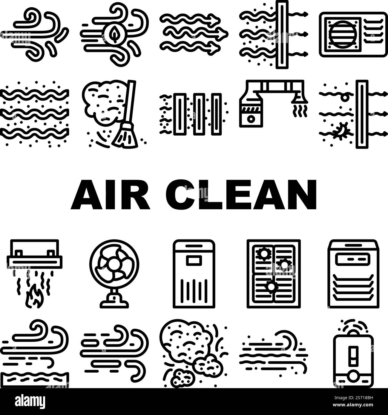 flux d'air propre freash icônes de filtre de vent définir vecteur. conditionneur poussière nature froide, technologie maison, système de refroidissement, purification bactéries air clean flow freash filtre vent noir contours illustrations. flux d'air propre freash icônes de filtre de vent définir vecteur Illustration de Vecteur