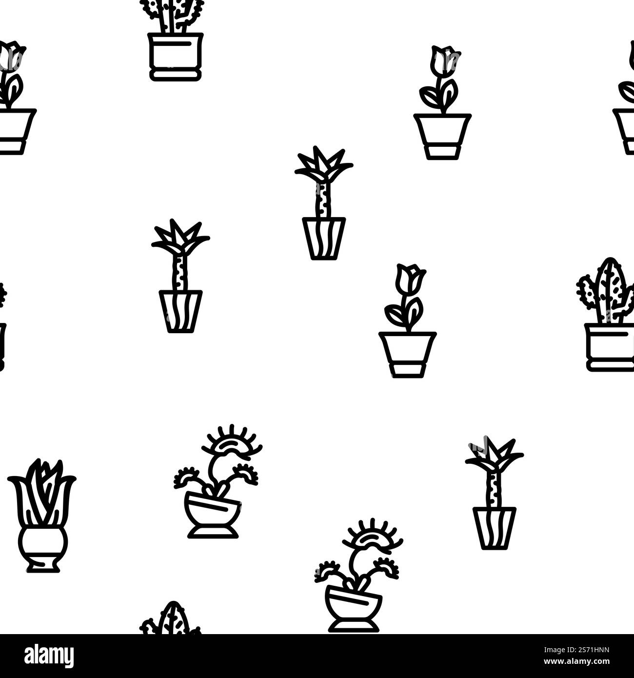 Plantes en pot et accessoires de soins vectoriels sans couture illustration de la ligne mince de modèle. Modèle sans couture de vecteur de plantes en pot et d'accessoires de soins Illustration de Vecteur