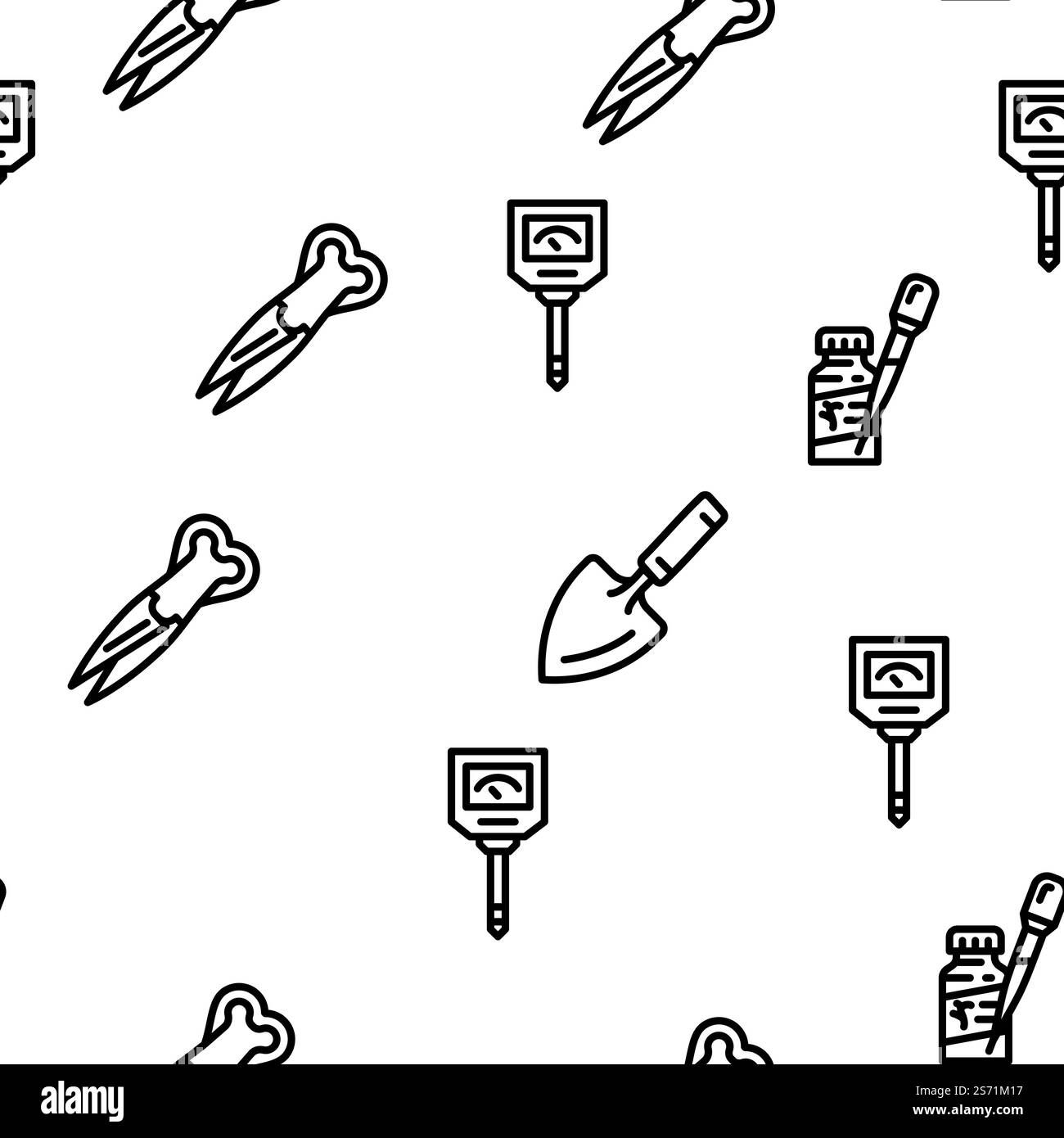 Plantes en pot et accessoires de soins vectoriels sans couture illustration de la ligne mince de modèle. Modèle sans couture de vecteur de plantes en pot et d'accessoires de soins Illustration de Vecteur