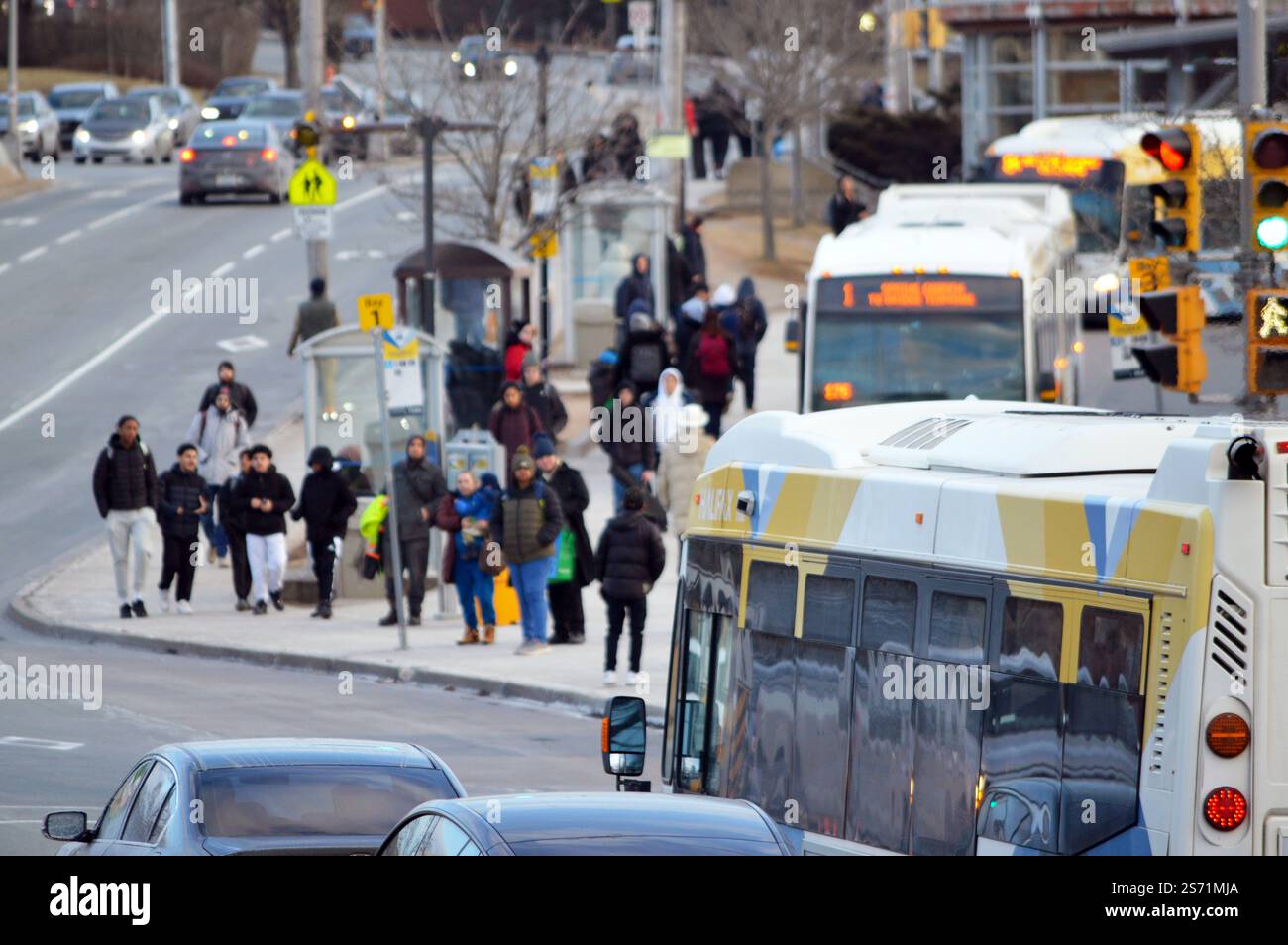 Les passagers attendent les autobus de Halifax transit au terminal de Mumford, un échange d'autobus de transport en commun sur le chemin Mumford à Halifax, Nouvelle-Écosse, Canada Banque D'Images